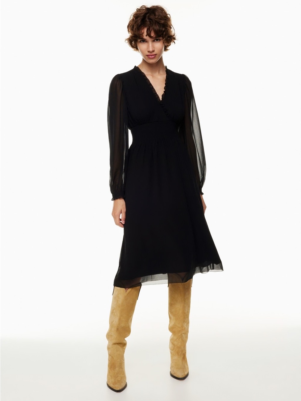 Wilfred| Aritzia| Faraway Black V-Neck Long-Sleeve Chiffon Midi Dress Sz M